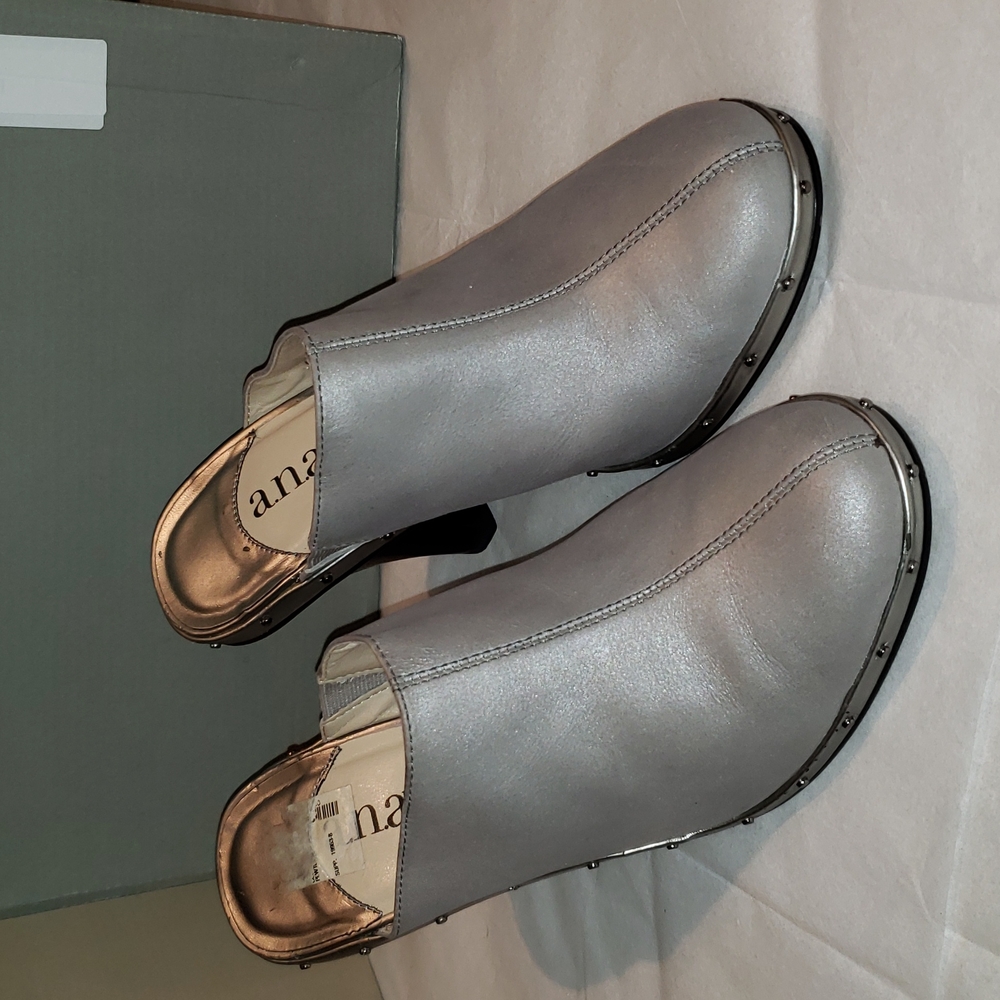 a.n.a Leather Mule Clog Heeled Platform Stud Slide Satin Metallic Women's Sz 9.5 - Picture 5 of 14